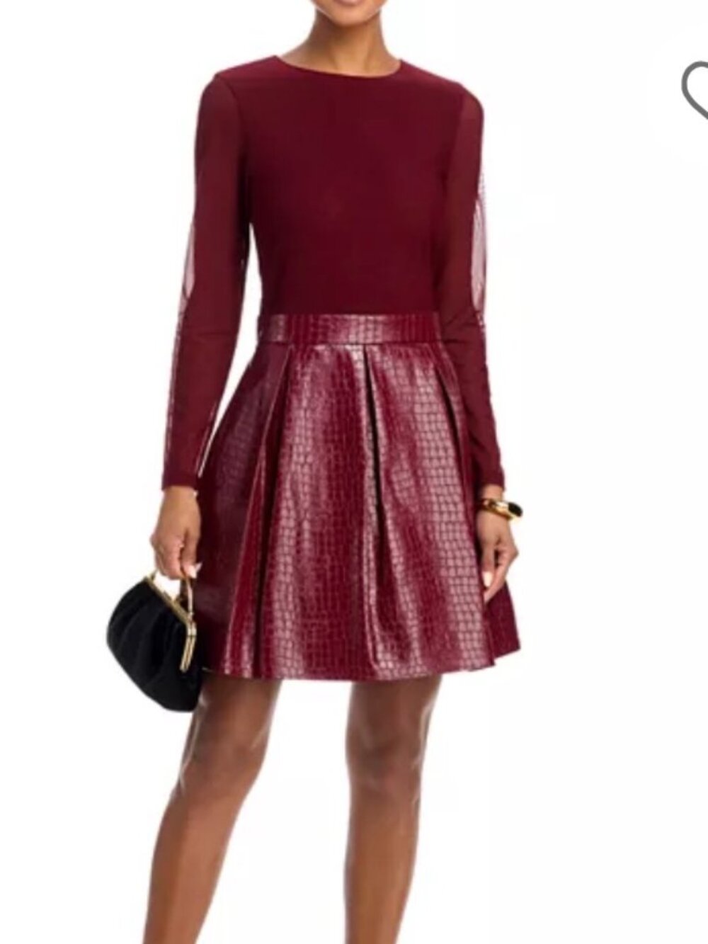 Alice + Oliva Chara Croc Embossed Pleated Dress in Red Wine/Oxblood. Size 8